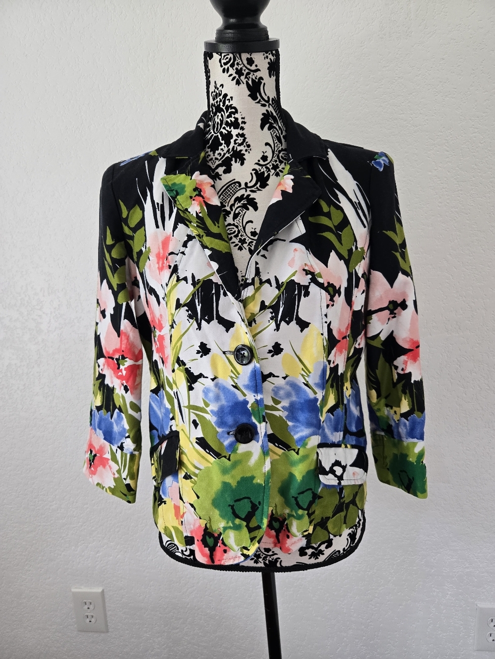 Notations Floral Multicolor Blazer - Black, White, Blue, Green, Pink